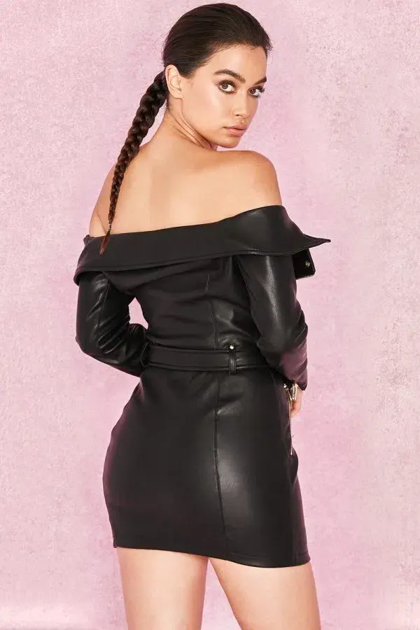 House of CB Madeleine Leather Off Shoulder Dress Black Size XS/AU 6 - Image 4