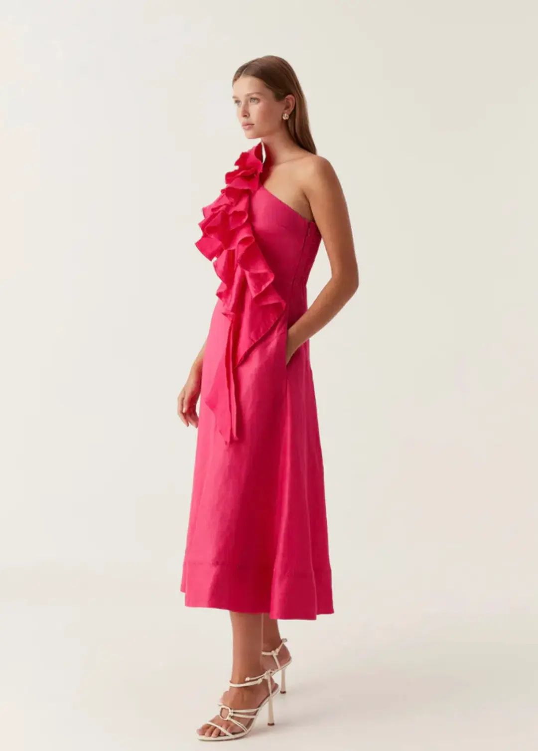 Aje Adelia Ruffle Midi Dress Bougainvillea Red Size 10 for rent on The Volte - main image