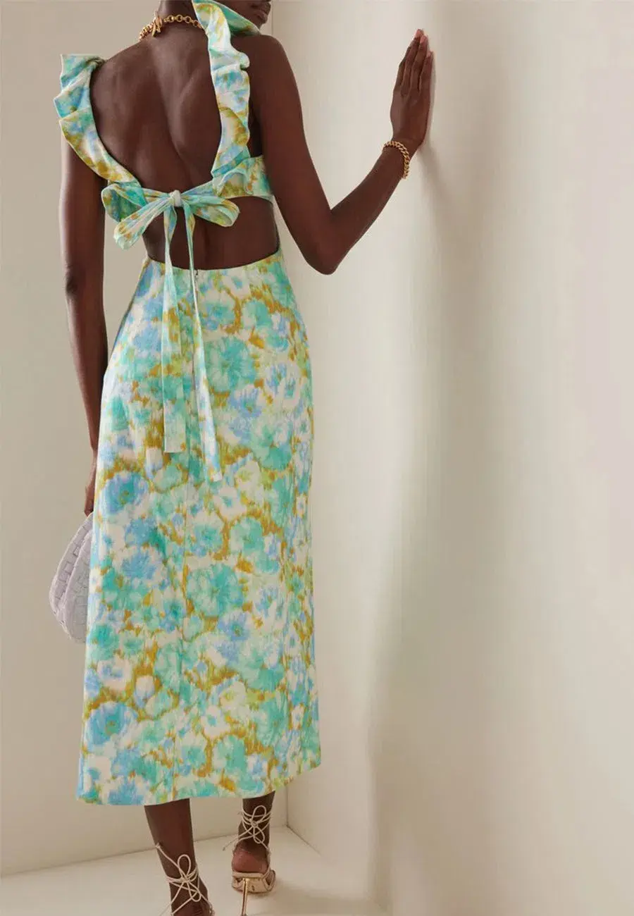 Zimmermann High Tide Frilled Midi Dress Aqua Ikat Floral Size 1 / AU 10 - Image 2