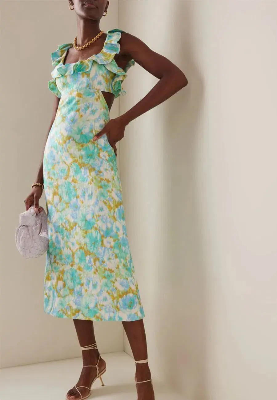Zimmermann High Tide Frilled Midi Dress Aqua Ikat Floral Size 1 / AU 10 - Image 1