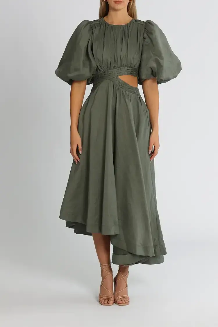Aje Tidal Tucked Cut Out Midi Dress in Oakmoss Size 6 - Image 1
