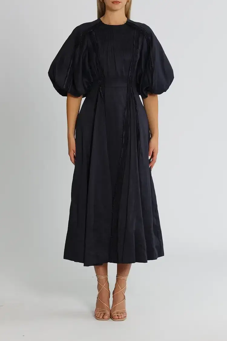 Aje Revitalise Puff Sleeve Midi Dress in Ink Size 6 for rent on The Volte - main image