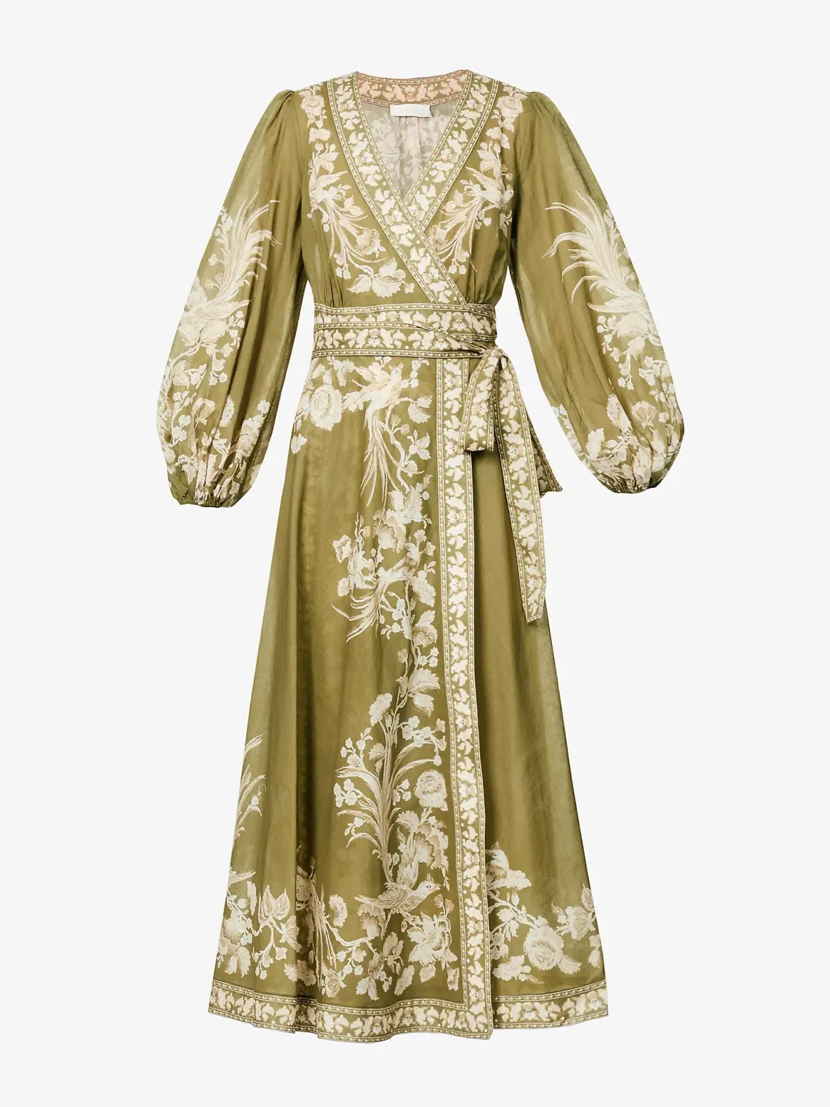 Zimmermann Anneke Floral Print Cotton Voile Wrap Midi Dress in Army Green Size 0/AU 8 - Image 4