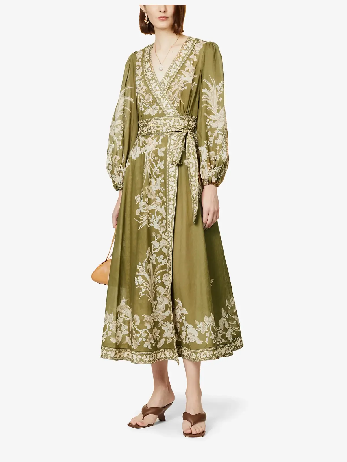 Zimmermann Anneke Floral Print Cotton Voile Wrap Midi Dress in Army Green Size 0/AU 8 - Image 1