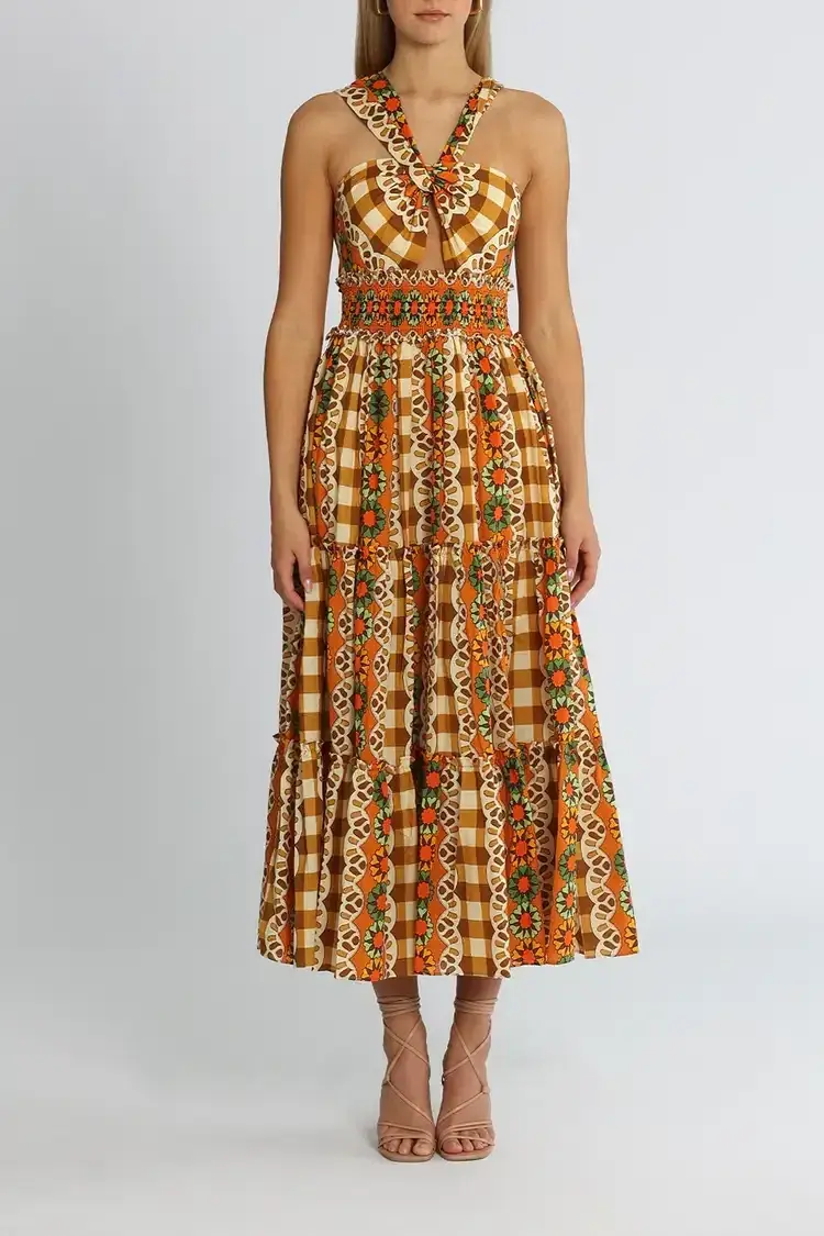 Alice McCall Clara Midi Dress in Brown Multi Size 12 - Image 1
