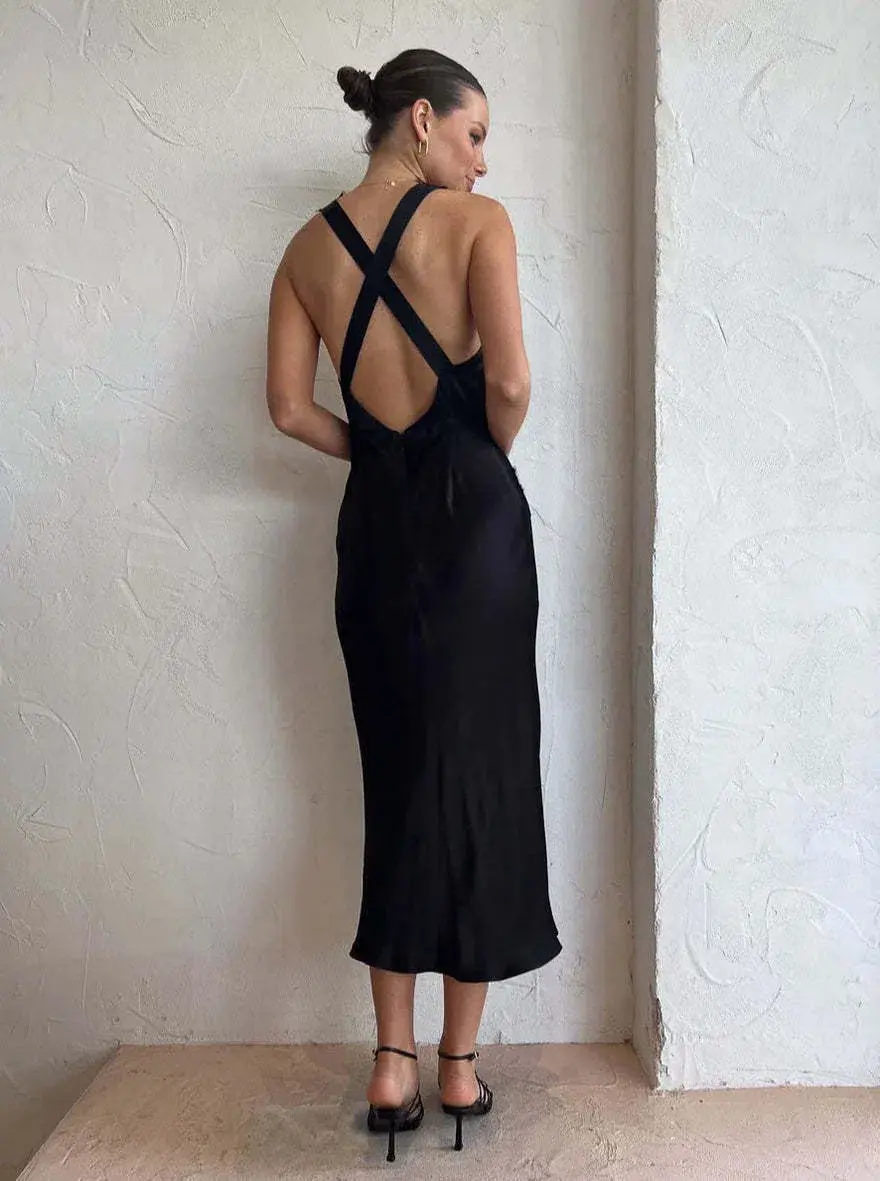 Shona Joy Camille Lace Cross Back Midi Dress Black Size 8 for rent on The Volte - main image