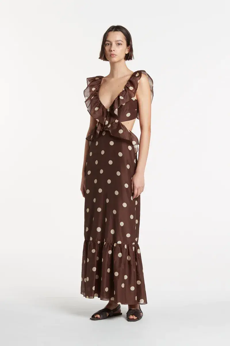 Sir the Label Vivi Frill Maxi Dress in Marlon Polka Dot Brown Size AU 8 for rent on The Volte - main image