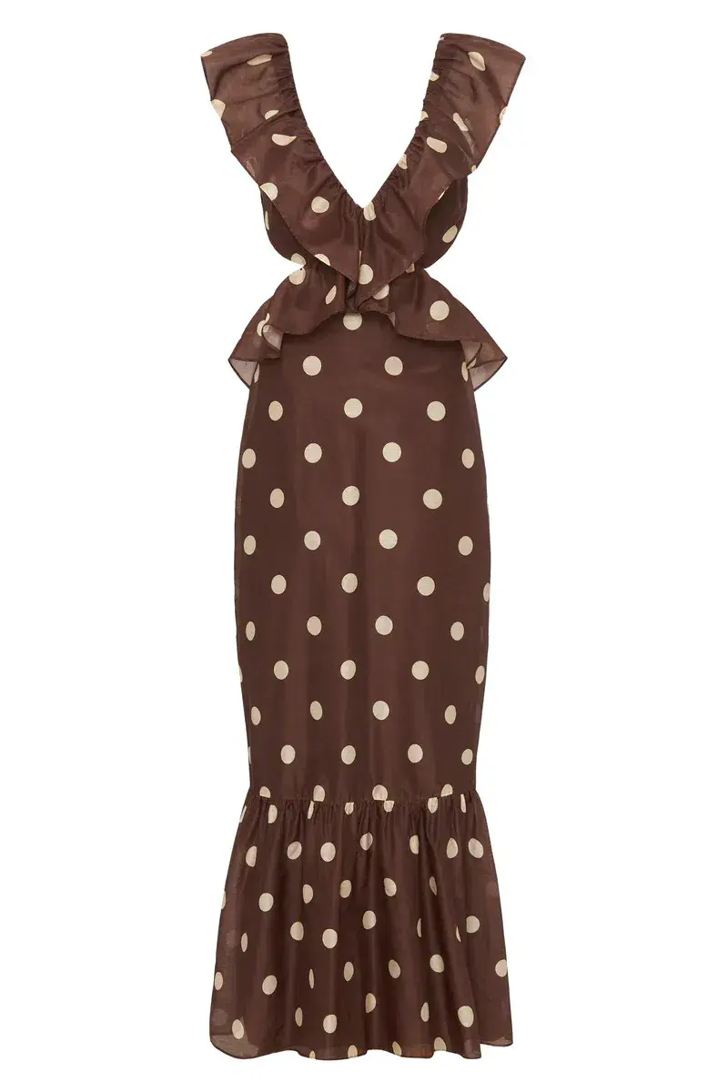 Sir the Label Vivi Frill Maxi Dress in Marlon Polka Dot Brown Size AU 8 - Image 3