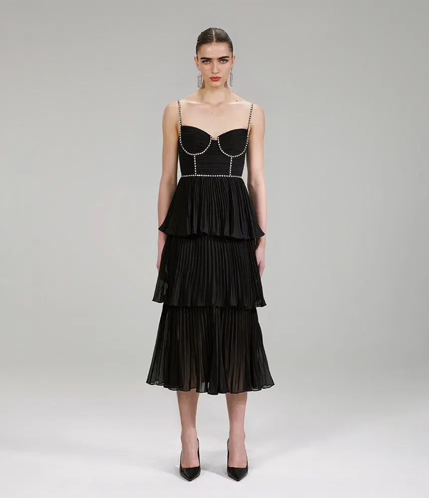 Self Portrait Embellished Pleated Midi Dress Black Size 8 - Image 1