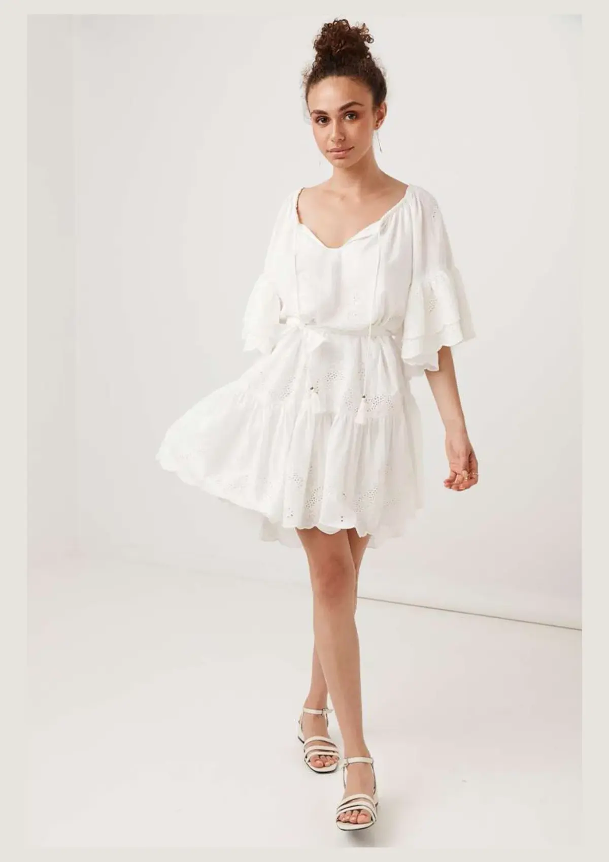 Spell Capulet Broderie Anglaise Frill Smock Mini Dress White Size L / AU 12 - Image 1