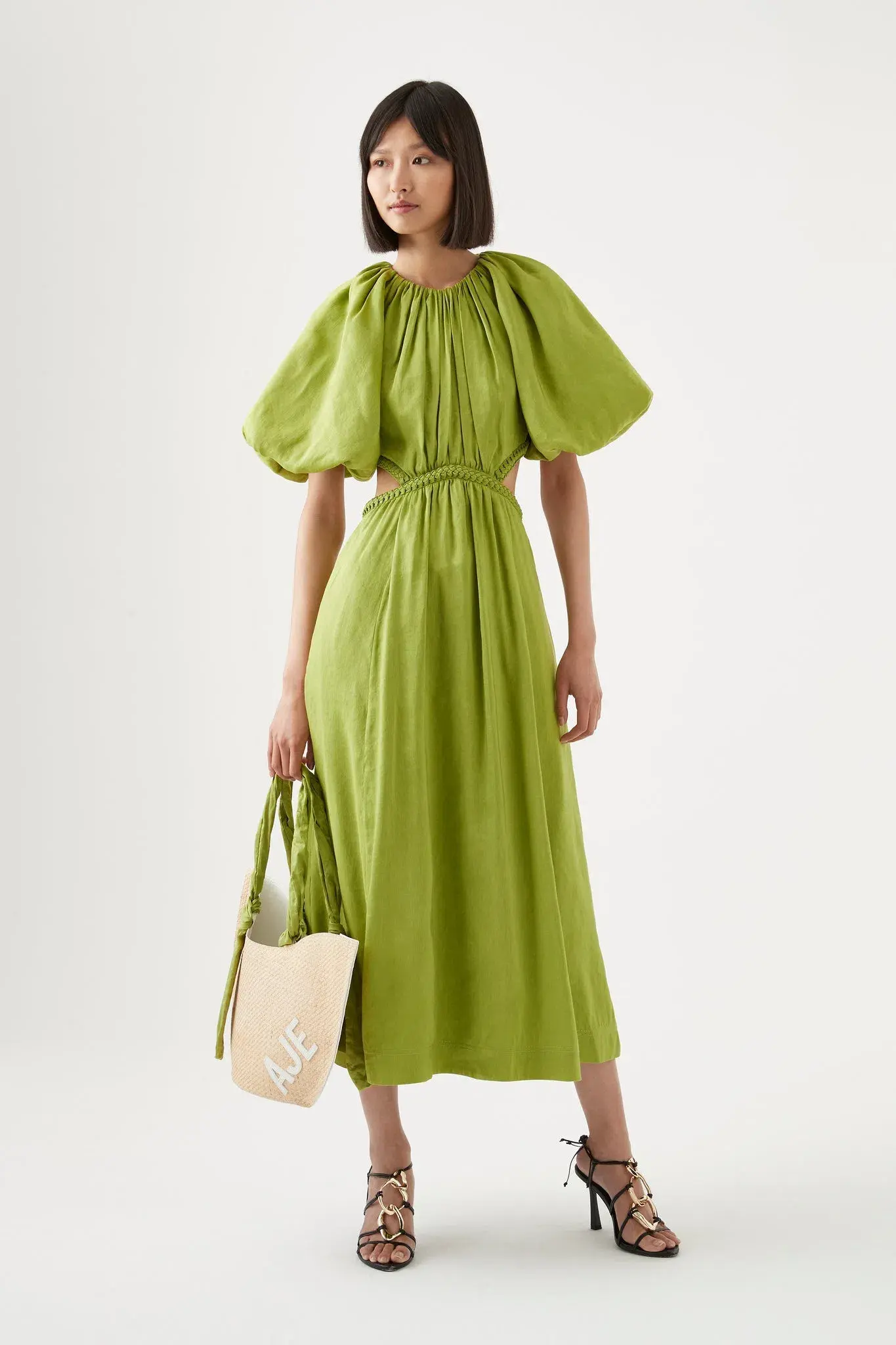 Aje Capucine Puff Sleeve Midi Dress Green Size 8 - Image 1