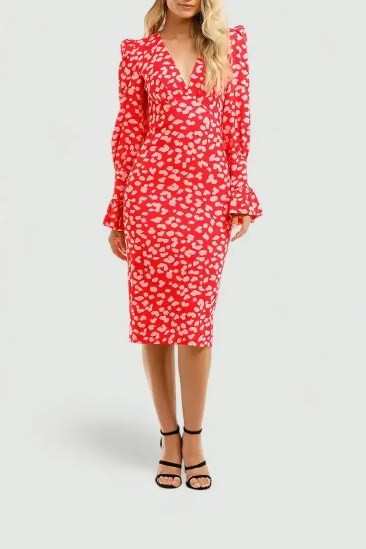 By Johnny Strawberry Leopard Tulip Midi Dress Print Size 6 - Image 3