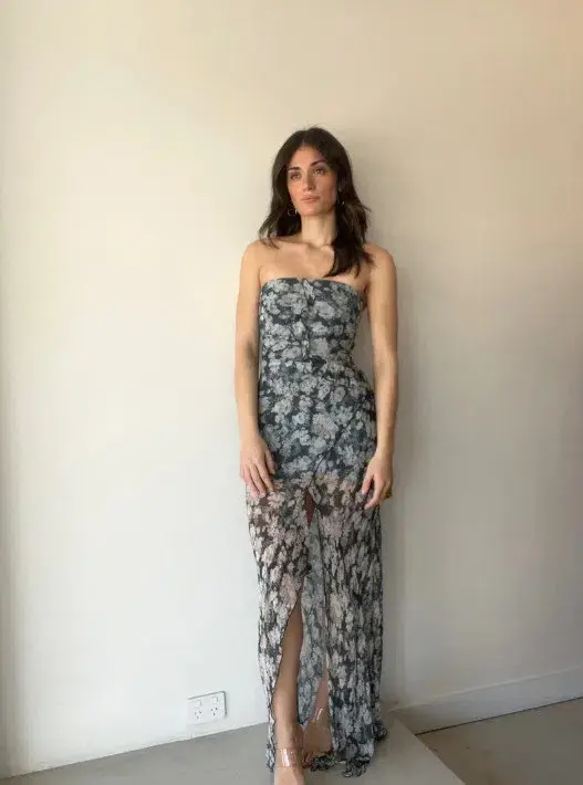 Bec & Bridge Opal Strapless Frill Ruffle Maxi Dress Denim Floral Size 6 for rent on The Volte - main image