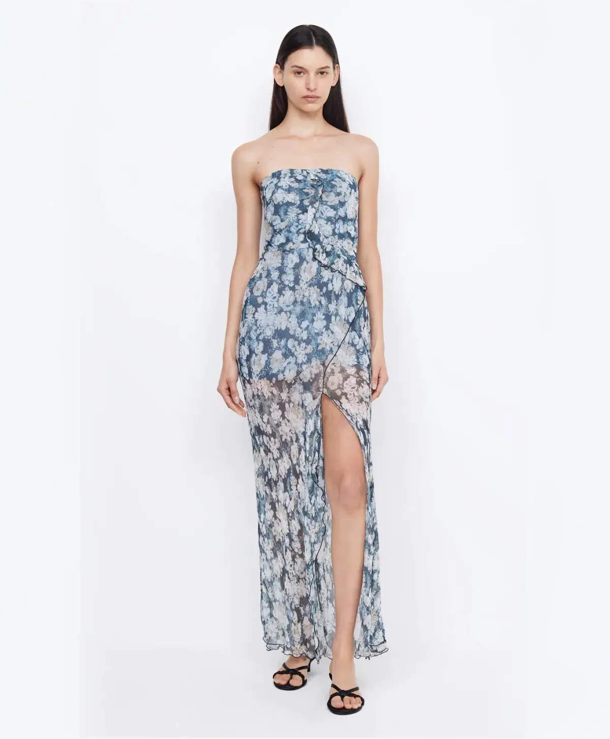 Bec & Bridge Opal Strapless Frill Ruffle Maxi Dress Denim Floral Size 6 - Image 1
