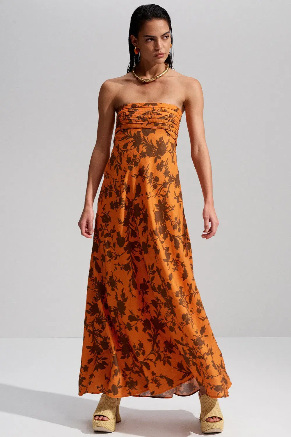 Shona Joy Uli Linen Corded Strapless Maxi Dress Orange Size 12 for rent on The Volte - main image