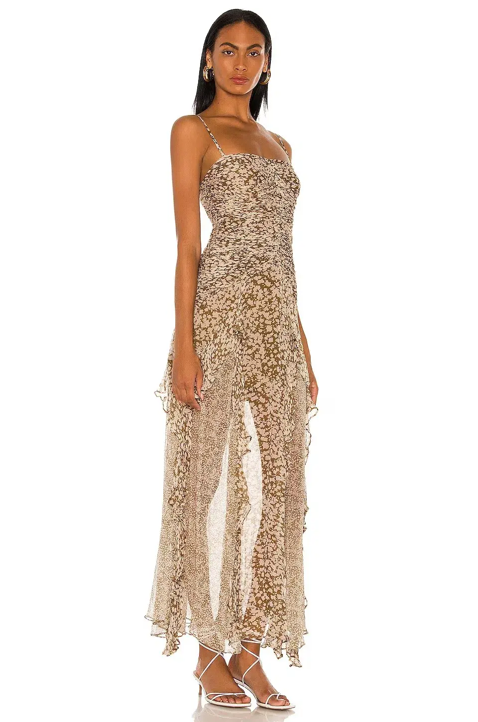 Shona Joy Claudette Ruched Frill Midi Dress Olive/Cream Print Size 8 - Image 2