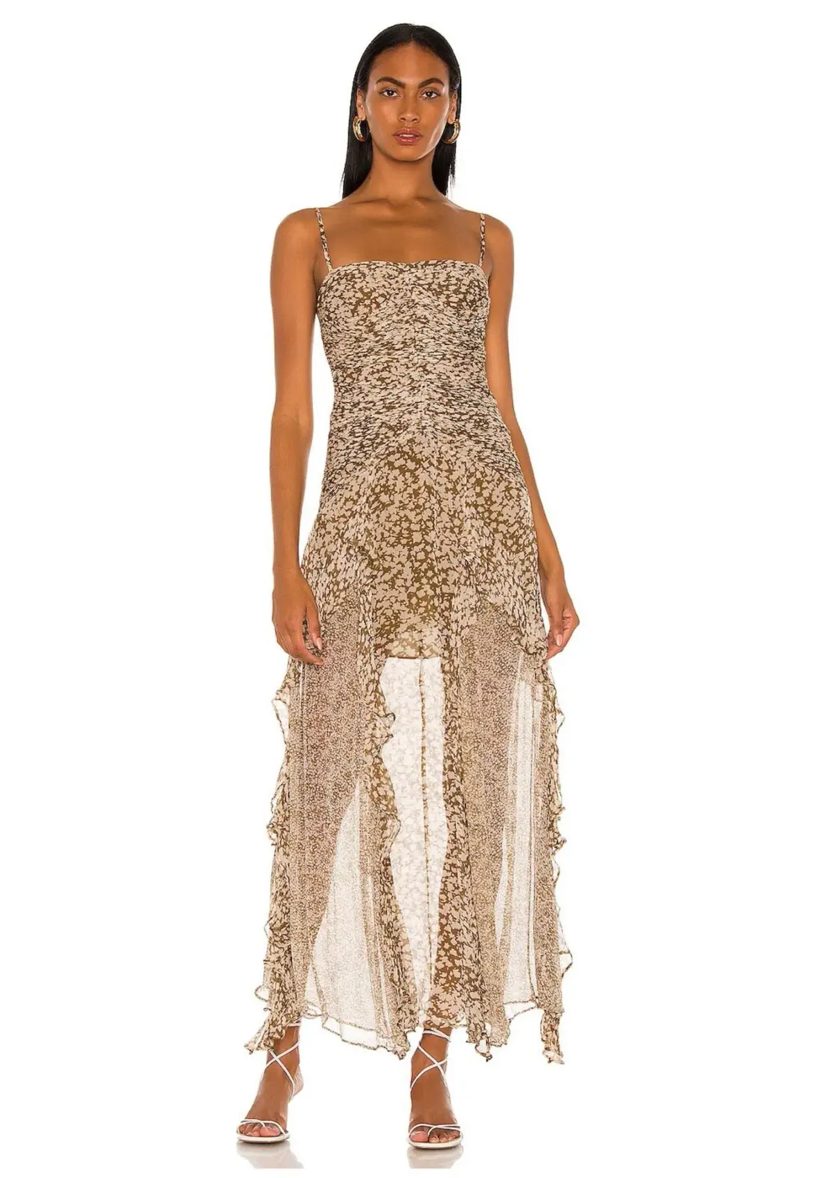 Shona Joy Claudette Ruched Frill Midi Dress Olive/Cream Print Size 8 - Image 1