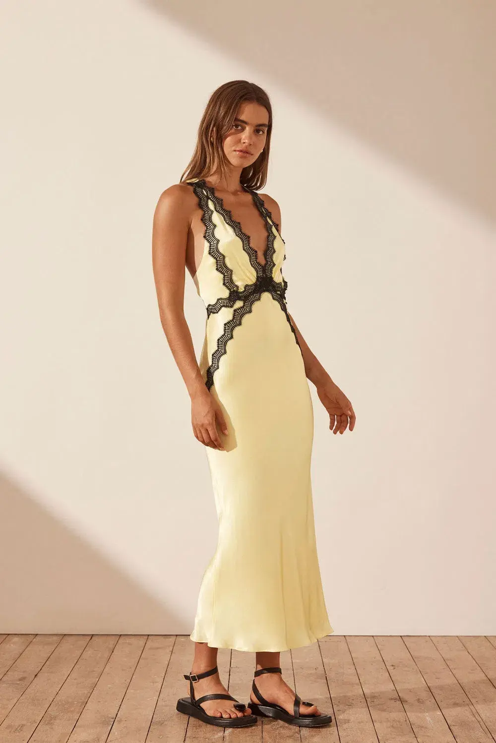 Shona Joy Camille Lace Cross back Midi Dress Limoncello/Black Size 6 for rent on The Volte - main image