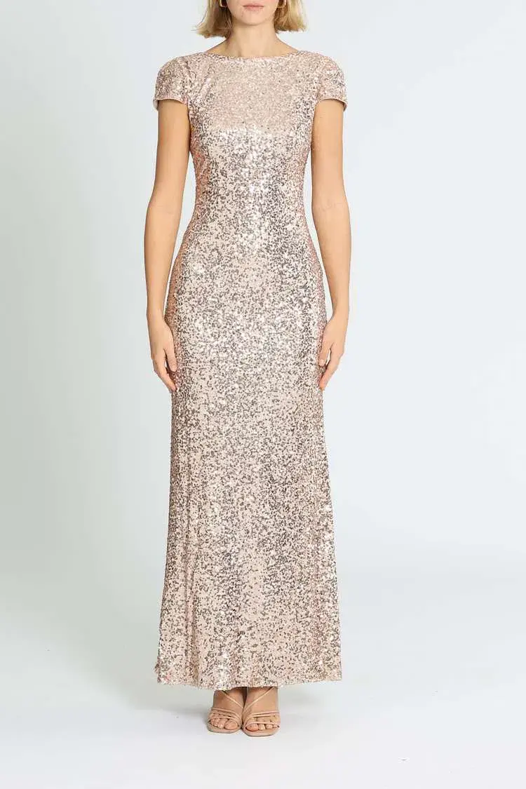 Badgley Mischka Sequin Cowl Back Gown Blush Size 6 for rent on The Volte - main image