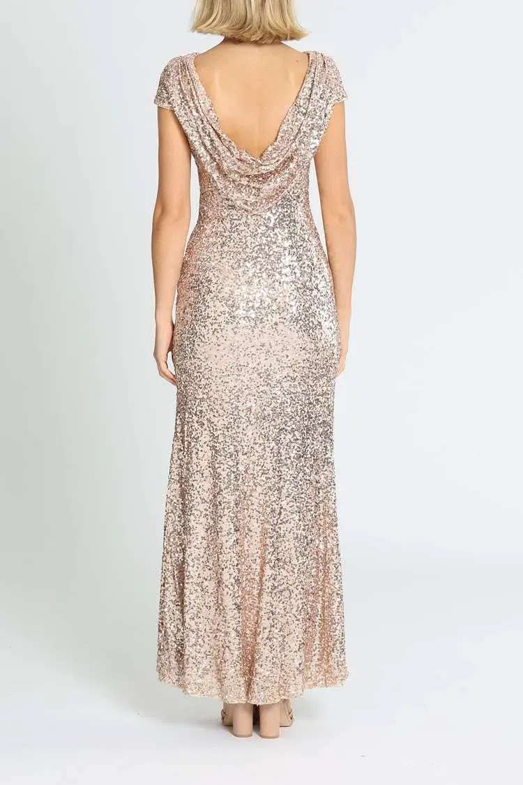 Badgley Mischka Sequin Cowl Back Gown Blush Size 6 for rent on The Volte - main image