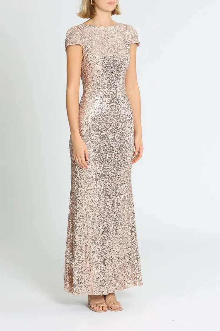 Badgley Mischka Sequin Cowl Back Gown Blush Size 6 for rent on The Volte - main image