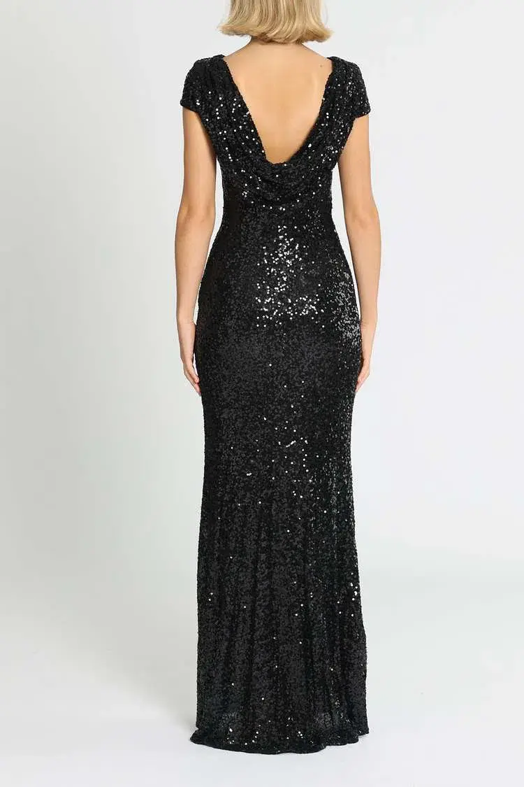 Badgley Mischka Sequin Cowl Back Gown Black Size 12 - Image 3
