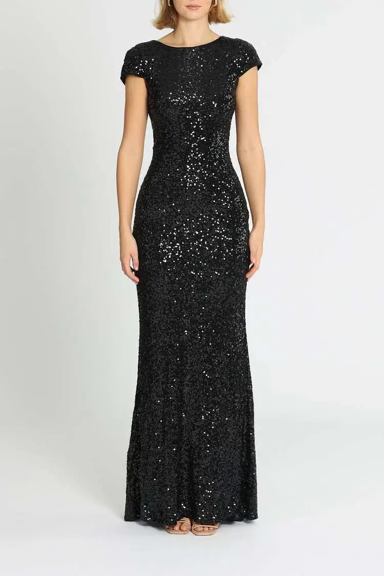 Badgley Mischka Sequin Cowl Back Gown Black Size 14 - Image 1