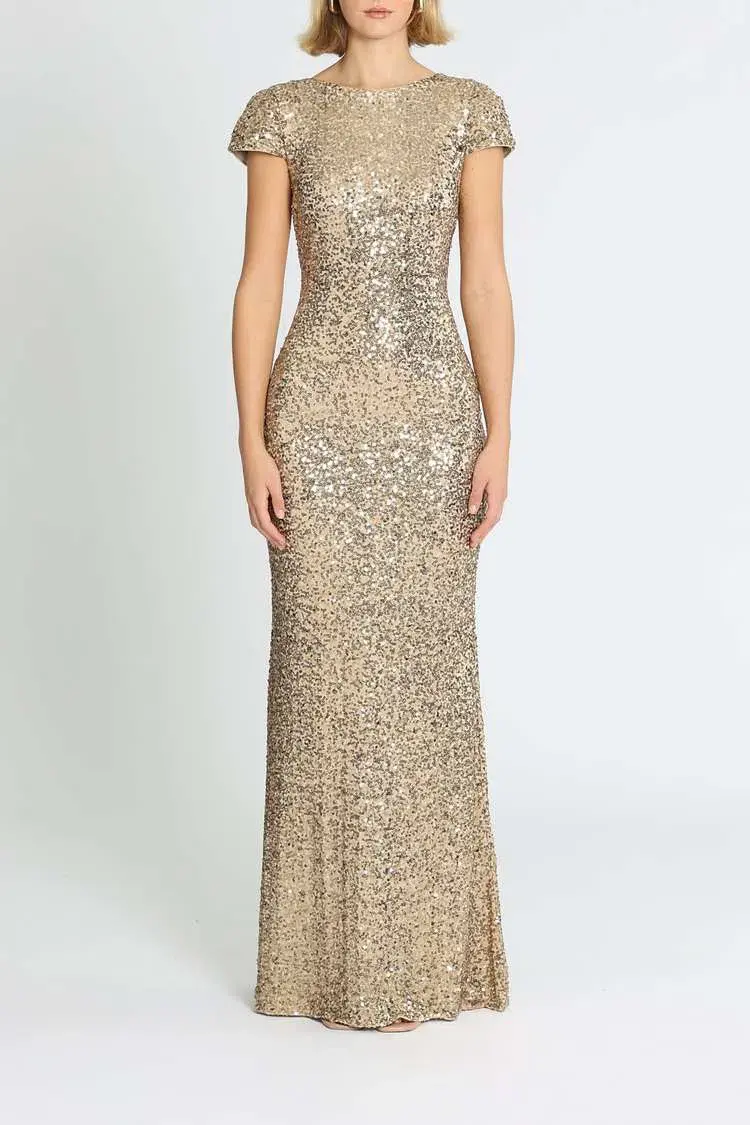 Badgley Mischka Sequin Cowl Back Gown Gold Size 6 - Image 1