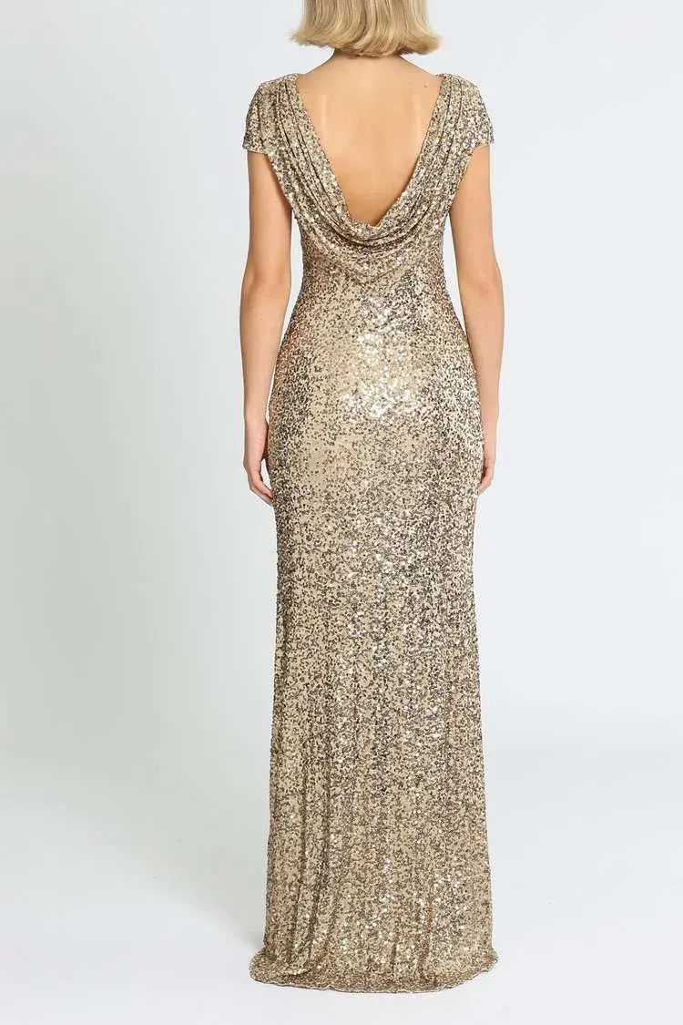 Badgley Mischka Sequin Cowl Back Gown Gold Size 8 - Image 3