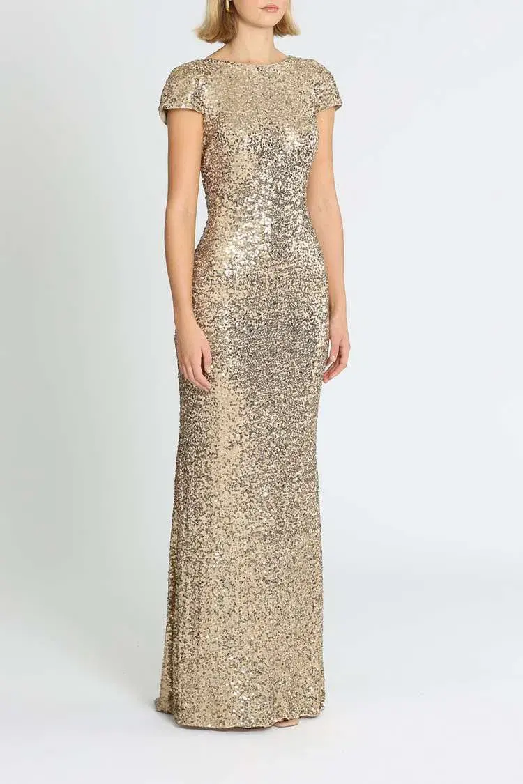 Badgley Mischka Sequin Cowl Back Gown Gold Size 8 - Image 2
