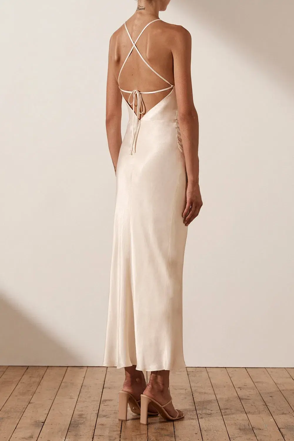 Shona Joy La Lune Gathered Square Neck Bias Midi Dress Cream Size 12 - Image 2