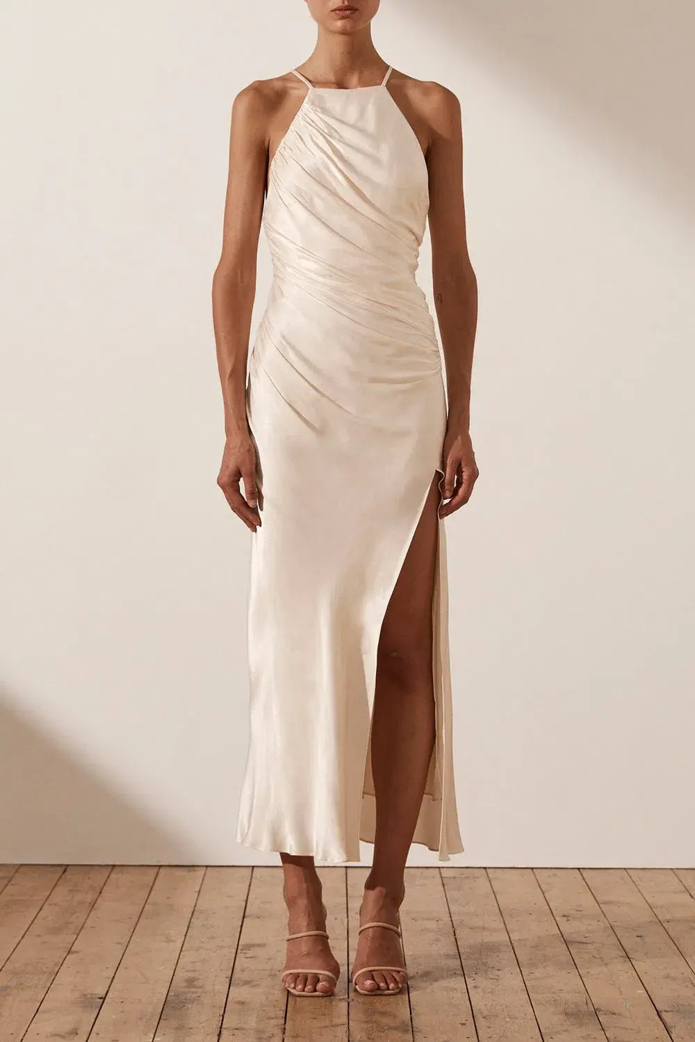 Shona Joy La Lune Gathered Square Neck Bias Midi Dress Cream Size 12 - Image 1