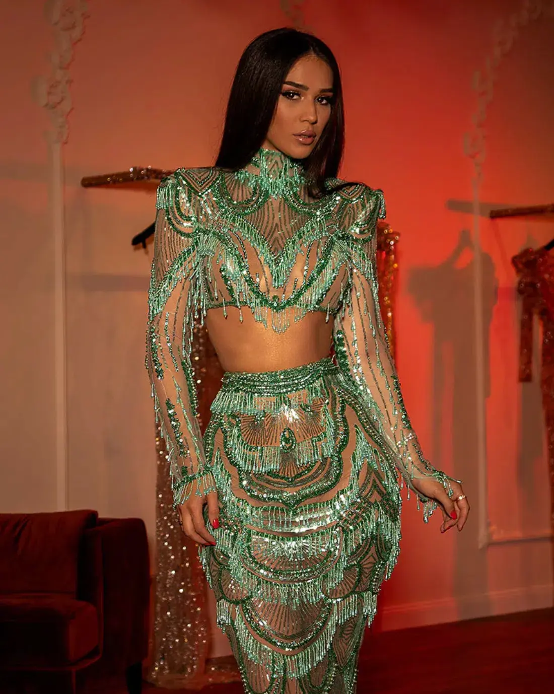 Albina Dyla Beaded Top & Skirt Set Green Size 6 - Image 2