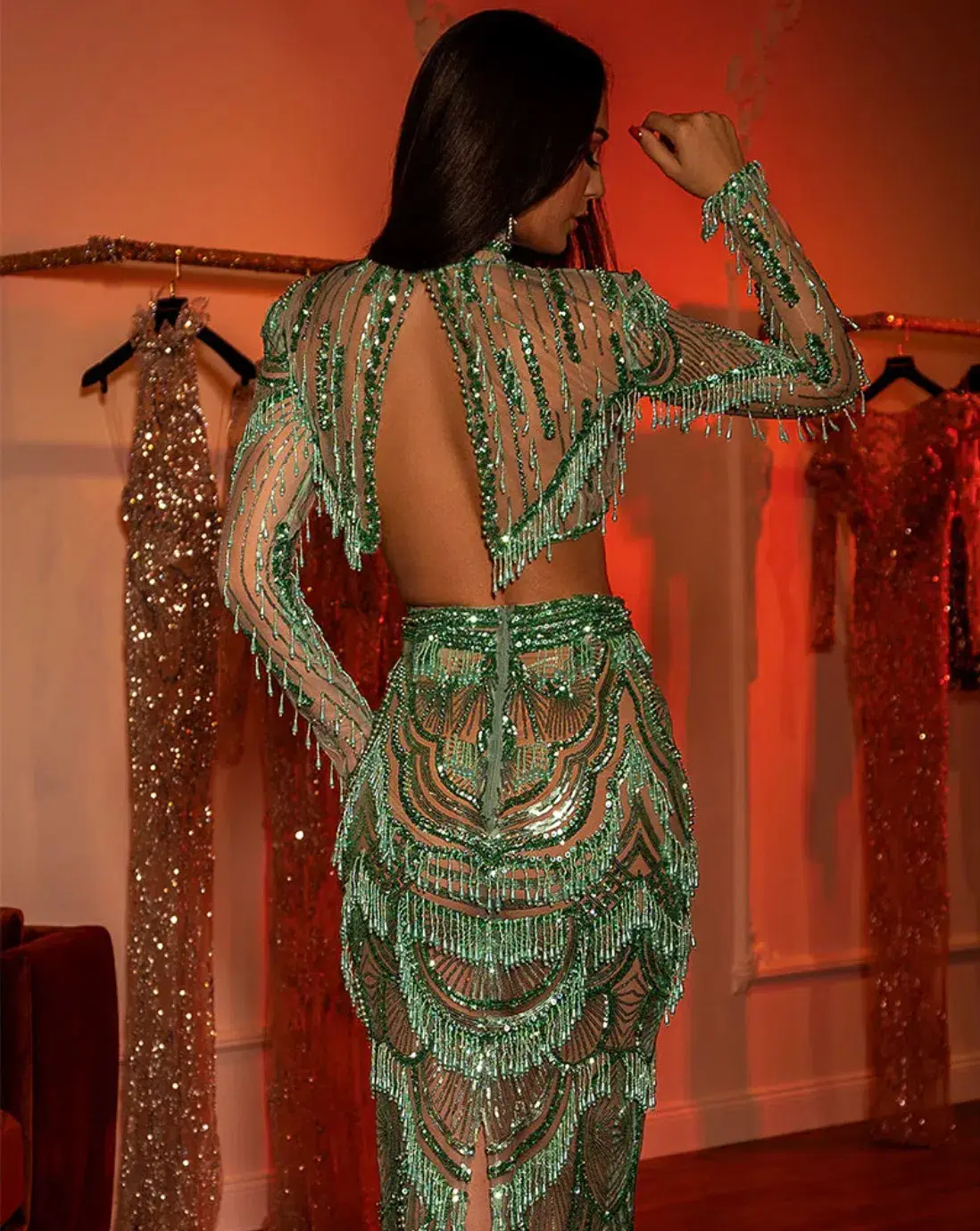 Albina Dyla Beaded Top & Skirt Set Green Size 6 - Image 3