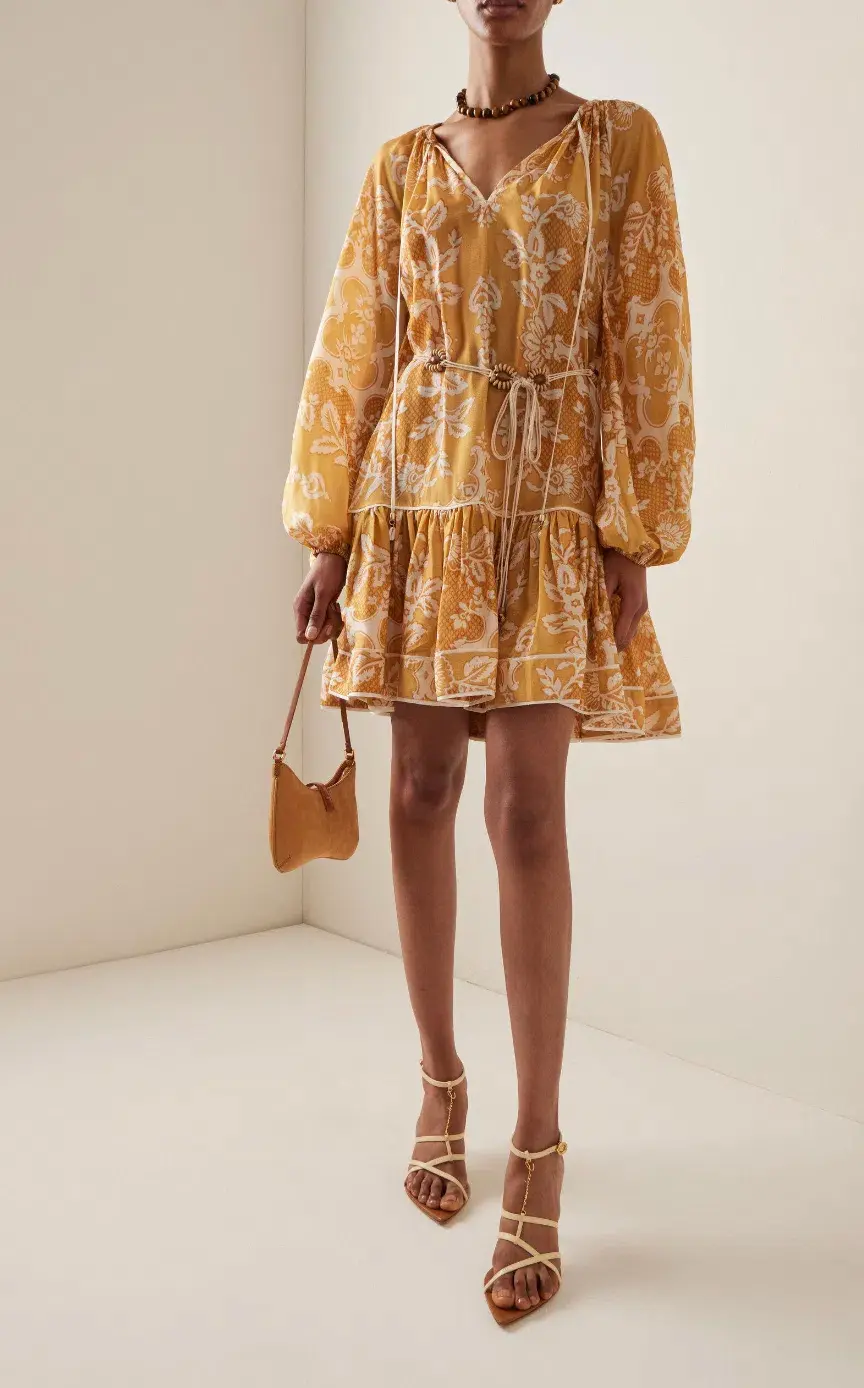 Zimmermann Raie Tiered Billow Mini Dress Gold Damask Size 0/Au 8 - Image 4