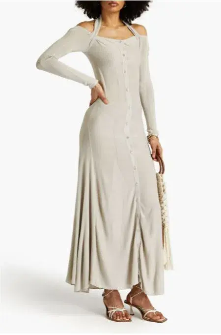 Jacquemus Lagoa Cold-Shoulder Knitted Halterneck Dress Grey Size 8 for rent on The Volte - main image