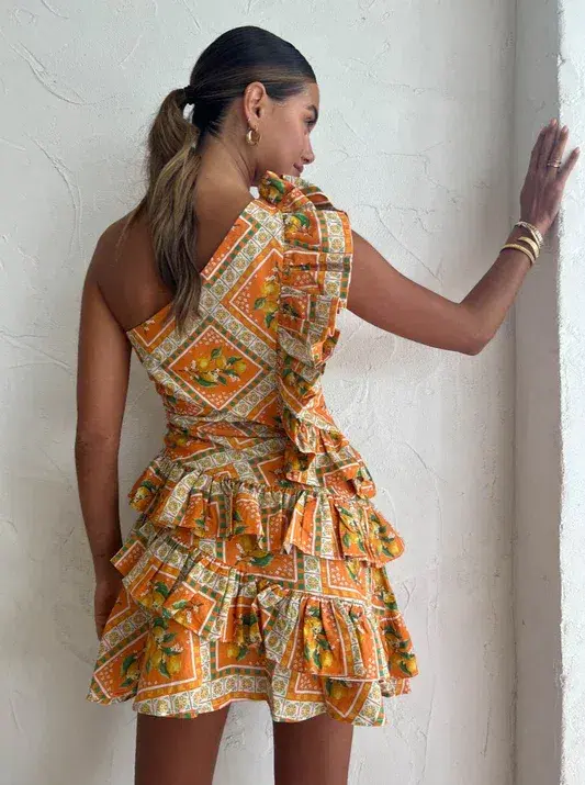 By Nicola Adrift Frill Mini Dress in Orange Mosaic Print Size 8 for rent on The Volte - main image