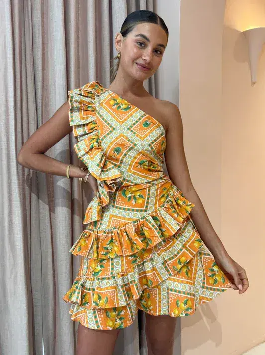 By Nicola Adrift Frill Mini Dress in Orange Mosaic Print Size 8 for rent on The Volte - main image