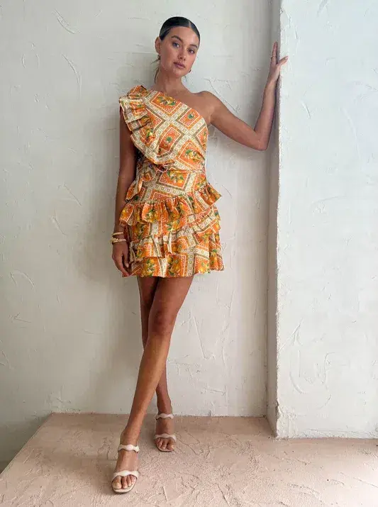 By Nicola Adrift Frill Mini Dress in Orange Mosaic Print Size 8 for rent on The Volte - main image