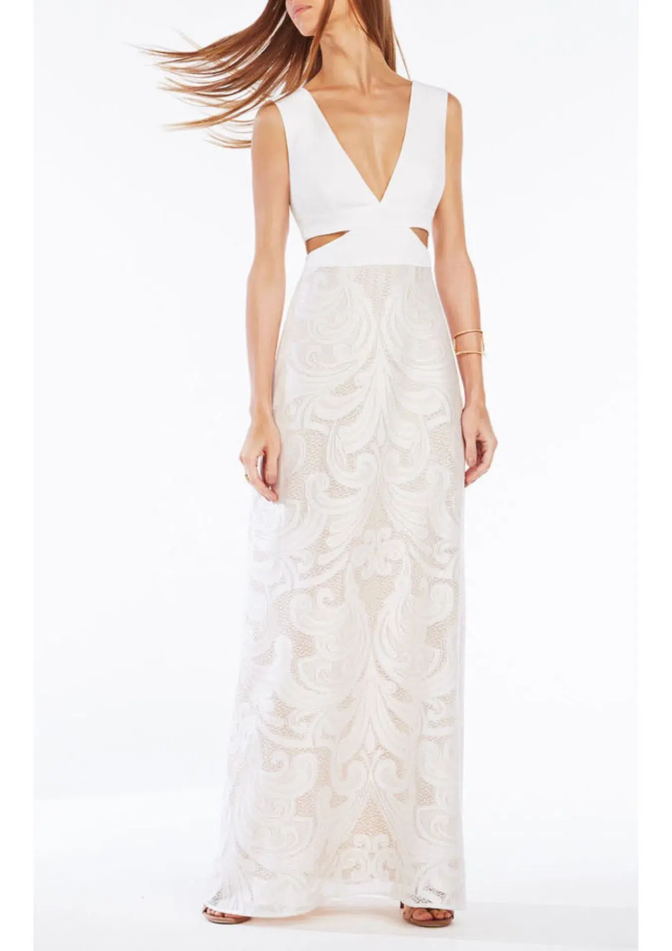 BCBGMAXAZRIA Marilyne Swirl Lace Cutout Formal Dress White Size 4 - Image 1