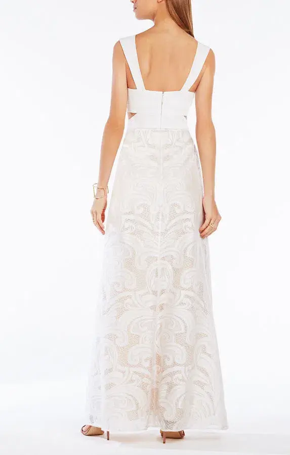 BCBGMAXAZRIA Marilyne Swirl Lace Cutout Formal Dress White Size 4 - Image 3