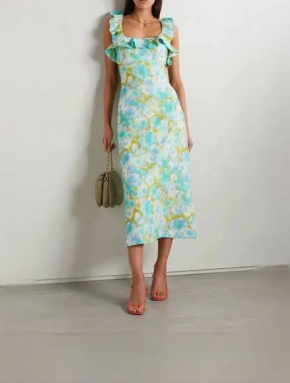 Zimmermann High Tide Frilled Midi Dress in Aqua Ikat Floral Size 1 / AU 10 - Image 3