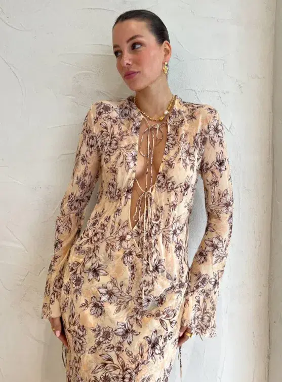 Bec & Bridge Floria Long Sleeve Sunflower Maxi Tie Up Dress in Florence Floral Size AU 8 - Image 3