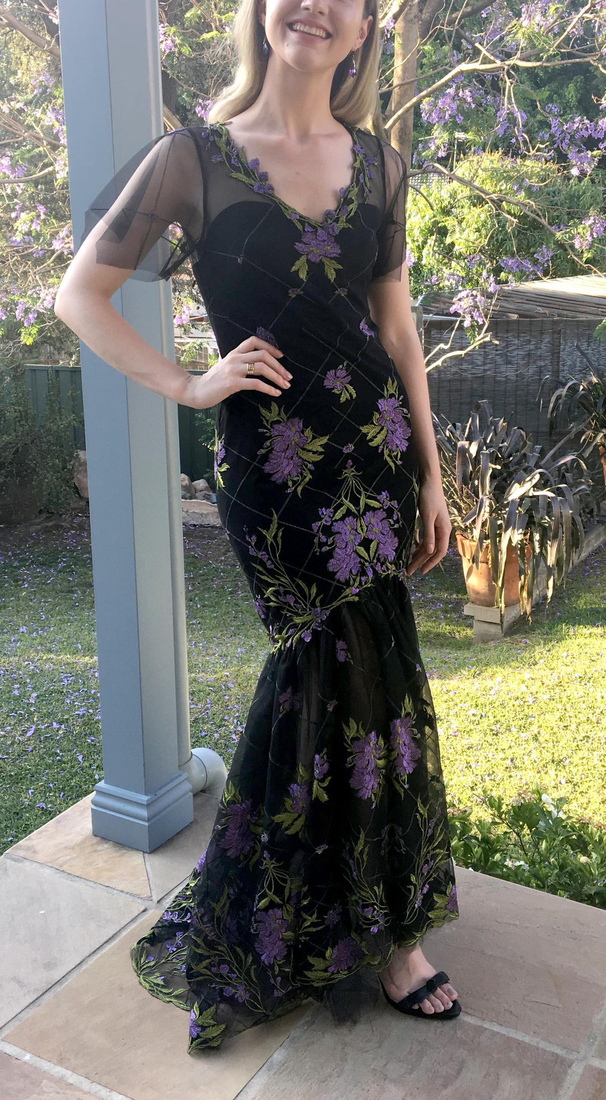 Marchesa Notte High Low Illusion Tulle Gown Dress Black Floral Size 8 - Image 3