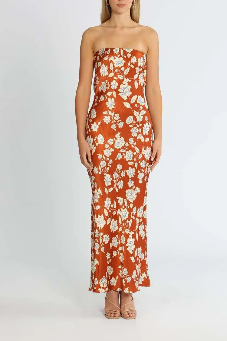 Bec & Bridge Blossom Strapless Maxi Dress Rust/Floral Print Size 8 - Image 1