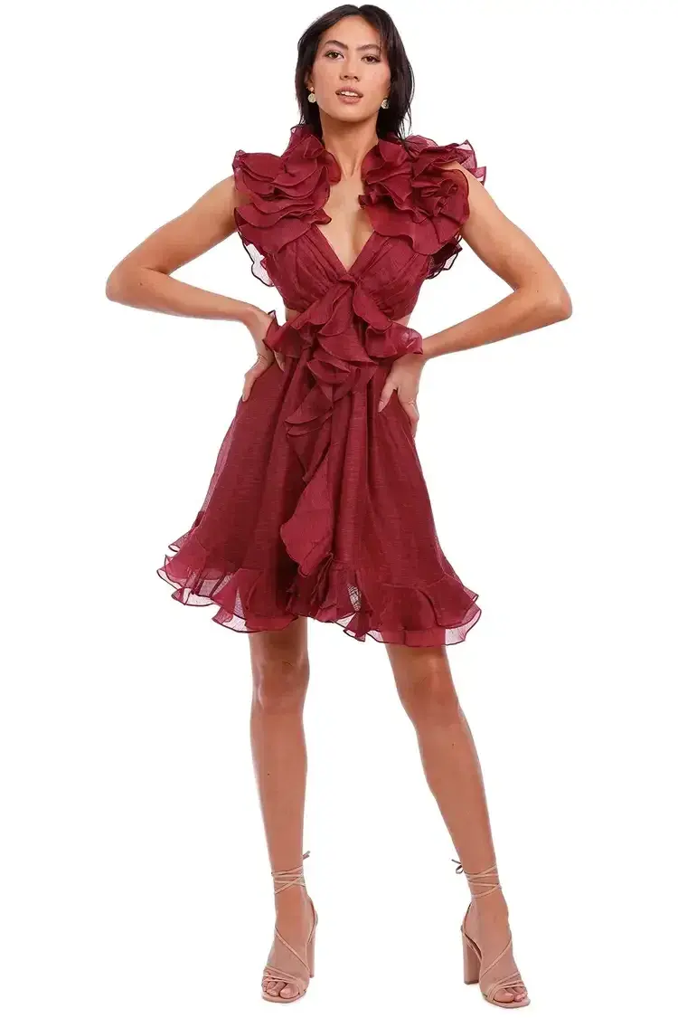 Zimmermann Ladybeetle Ruffle Mini Burgundy Size 10 AU - Image 1