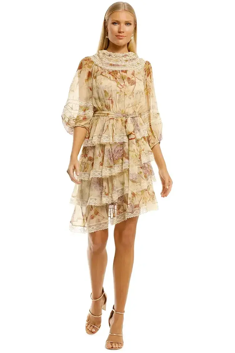 Zimmermann Sabotage Tiered Lace Mini Dress in Cream Wisteria Size 10 AU for rent on The Volte - main image