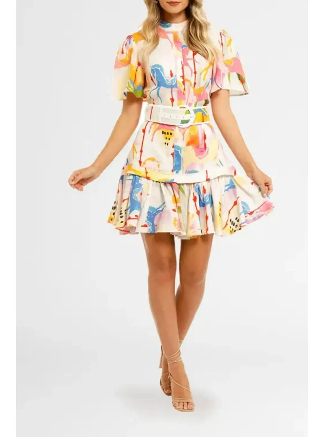 Leo & Lin Carousel Linen Shirt Dress Rainbow Carousel Multi Print Size AU 12 for rent on The Volte - main image