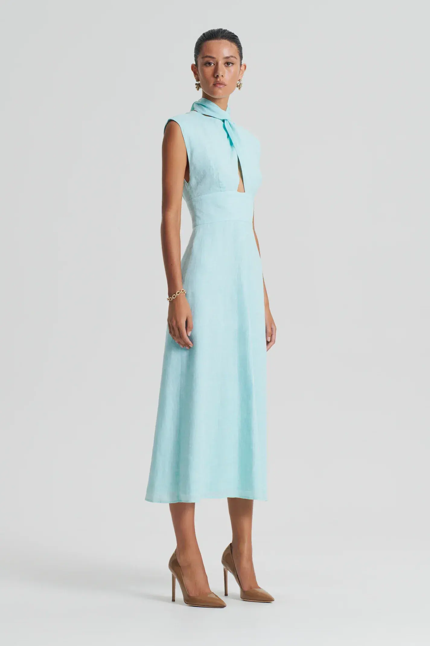 Scanlan Theodore Italian Linen Turban Twist Dress Midi Turquoise Size 10 - Image 3