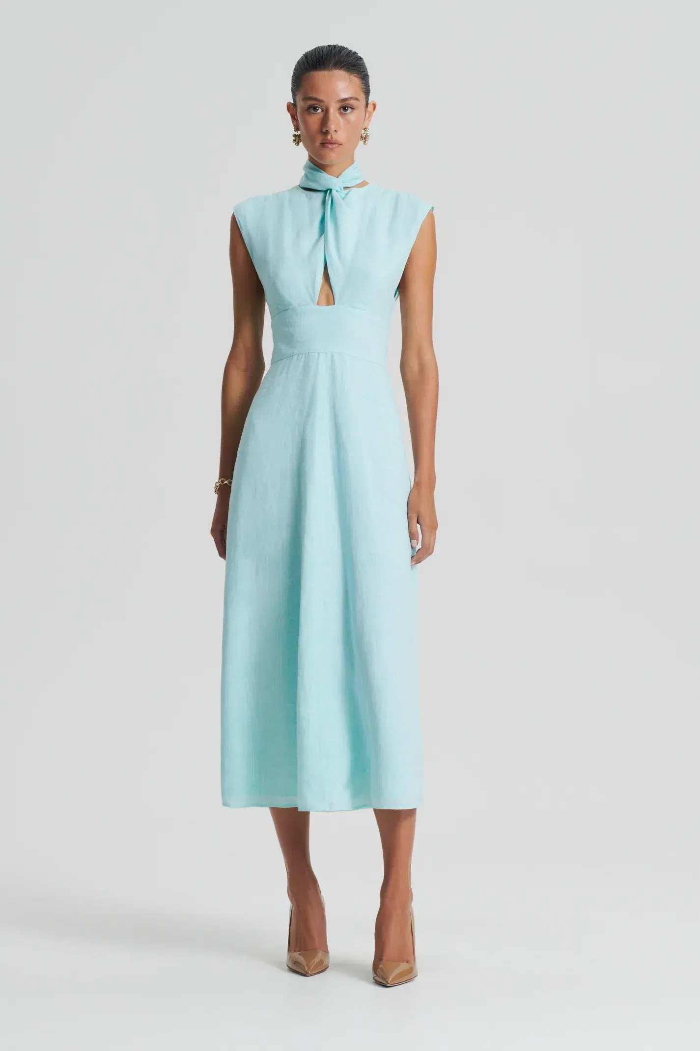 Scanlan Theodore Italian Linen Turban Twist Dress Midi Turquoise Size 10 - Image 1